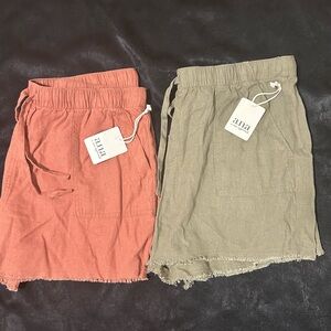 a.n.a Women's Linen Shorts in Coral and Olive Drawstring Waist Fringed Hem Sz L